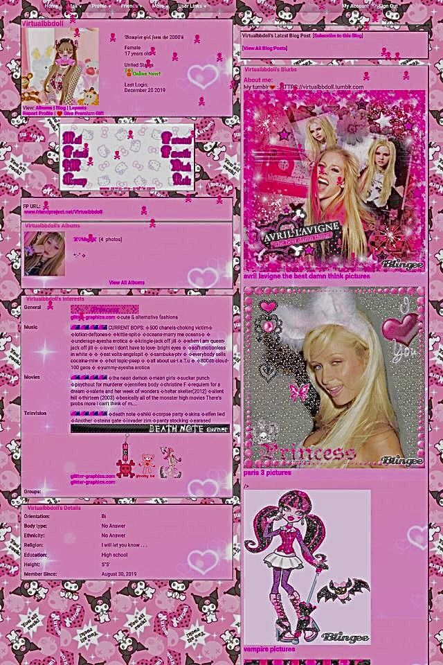 A screenshot of a MySpace profile page, it's fully pink and notably shows Paris Hilton